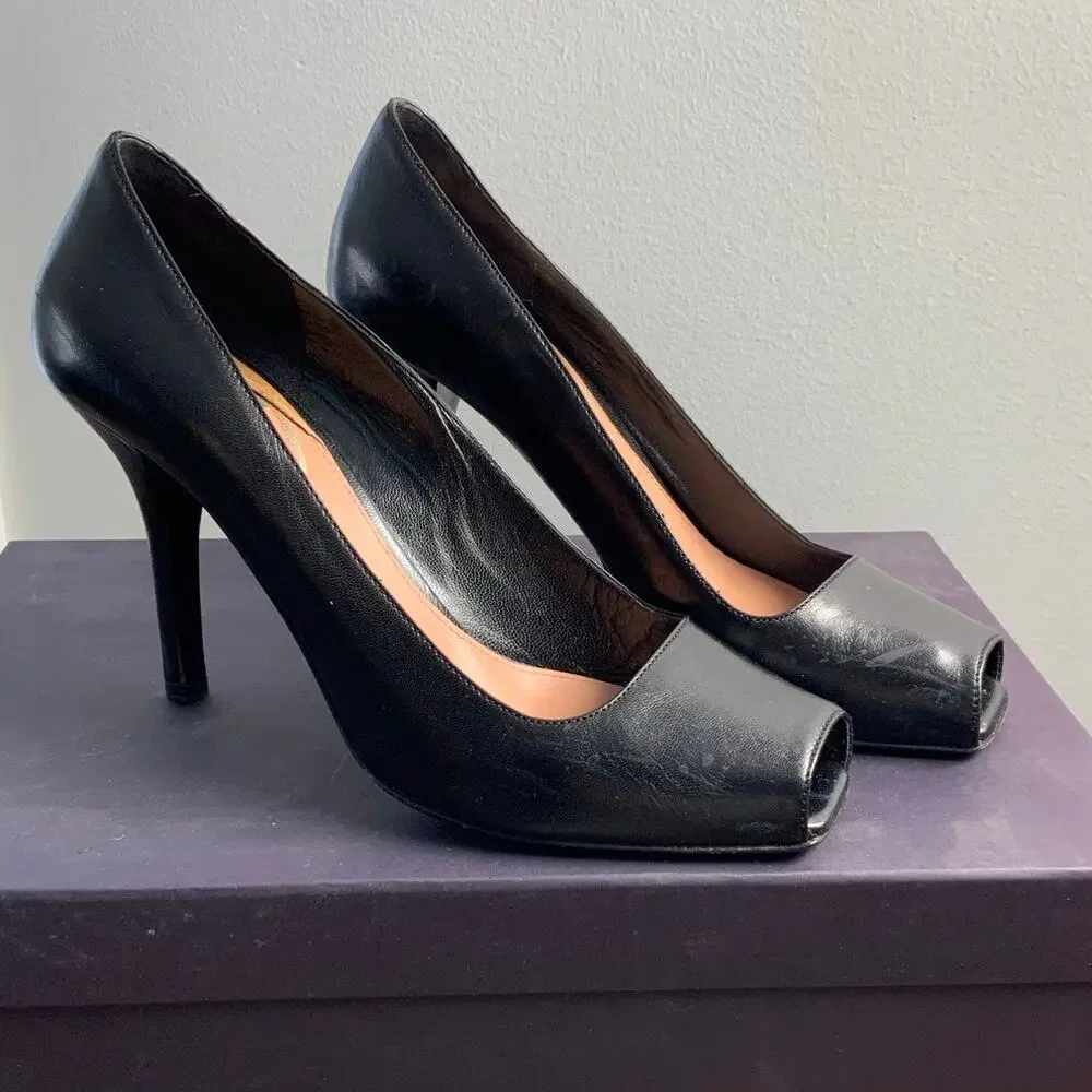 Prada Capretto Pretty Nero Authentic‎ Black Peep Toe Pumps size 37.5